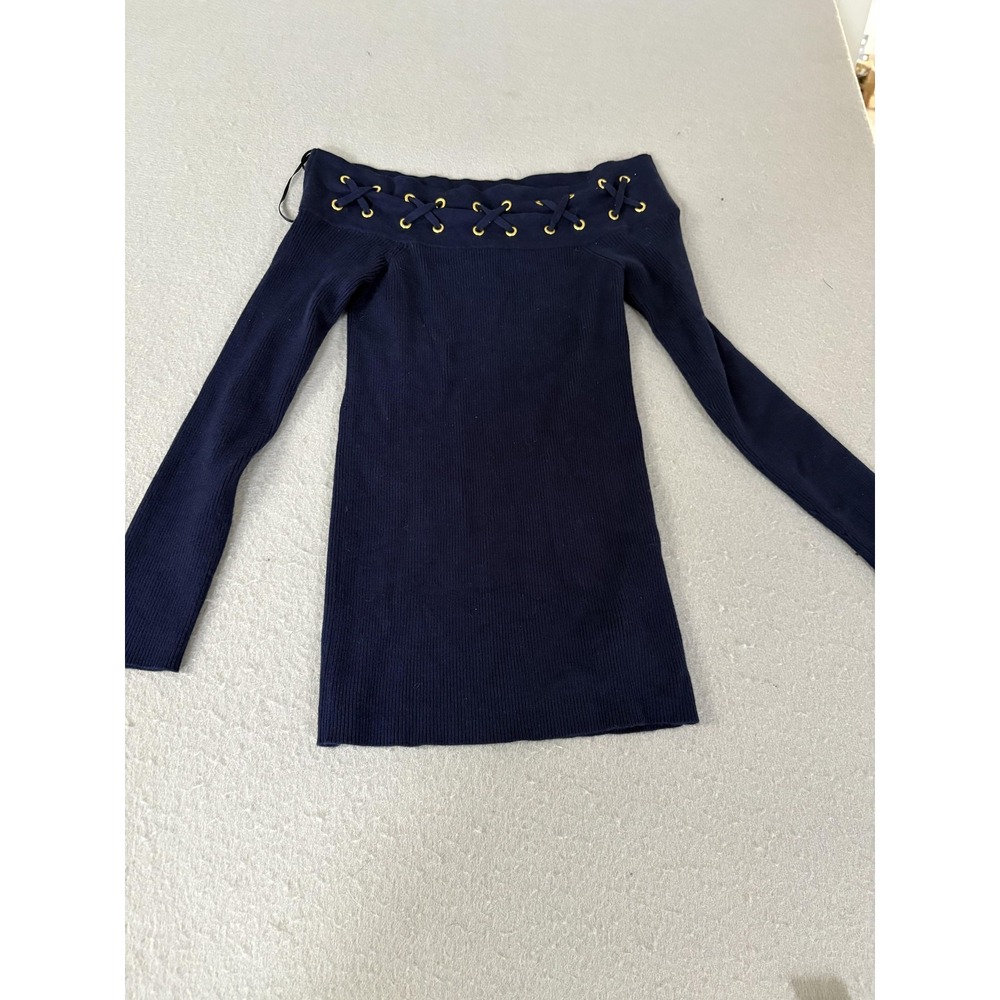 Michael Michael Kors Sweater Womens Small‎ Navy Off Shoulder Lace Up Ribbed Knit